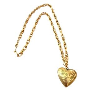 Vintage Puffy Heart with Etched Bird Scene Pendant Necklace‎ in Gold Plate, 21”